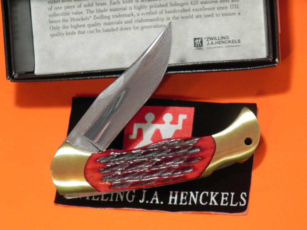 J A Henckels Folding Hunter Pocket Knife with Red Pick Bone Handles