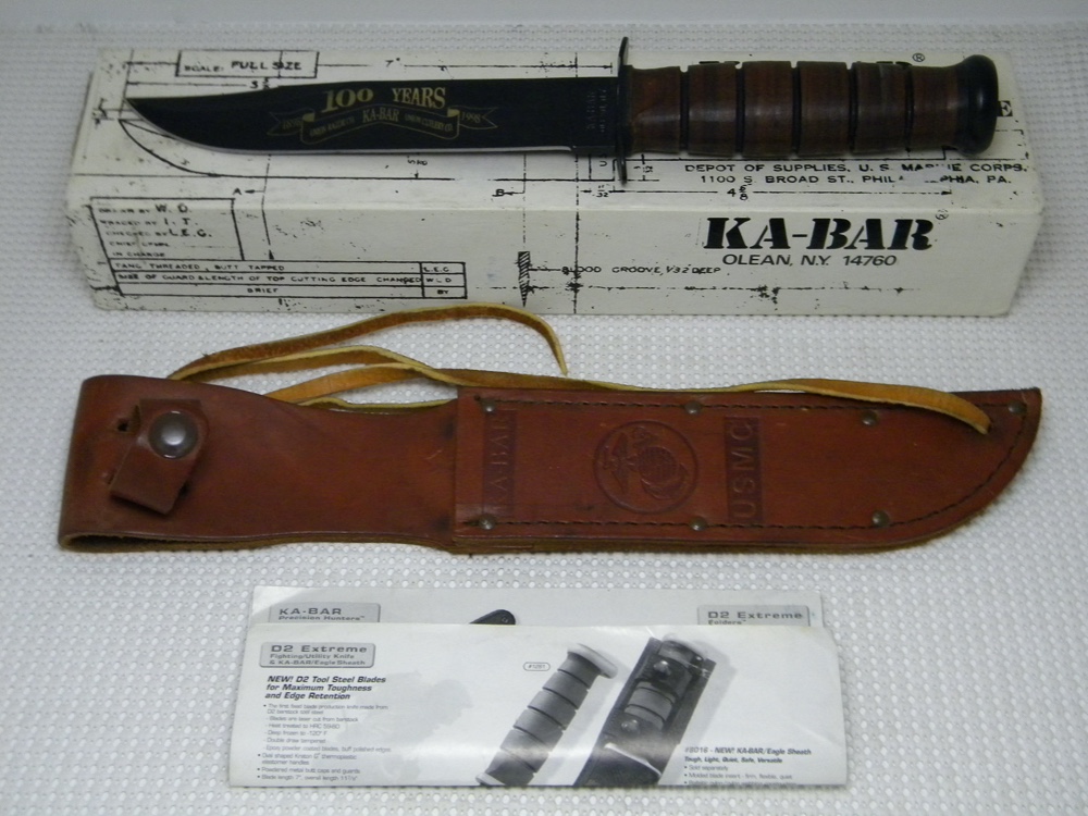 KaBar Olean, NY "100 Years 18981998" Stacked Leather 1241 USMC Fixed