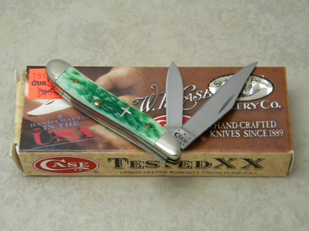 Case XX USA 2013 Burnt Green Bone 6220 SS Peanut Knife with Cross