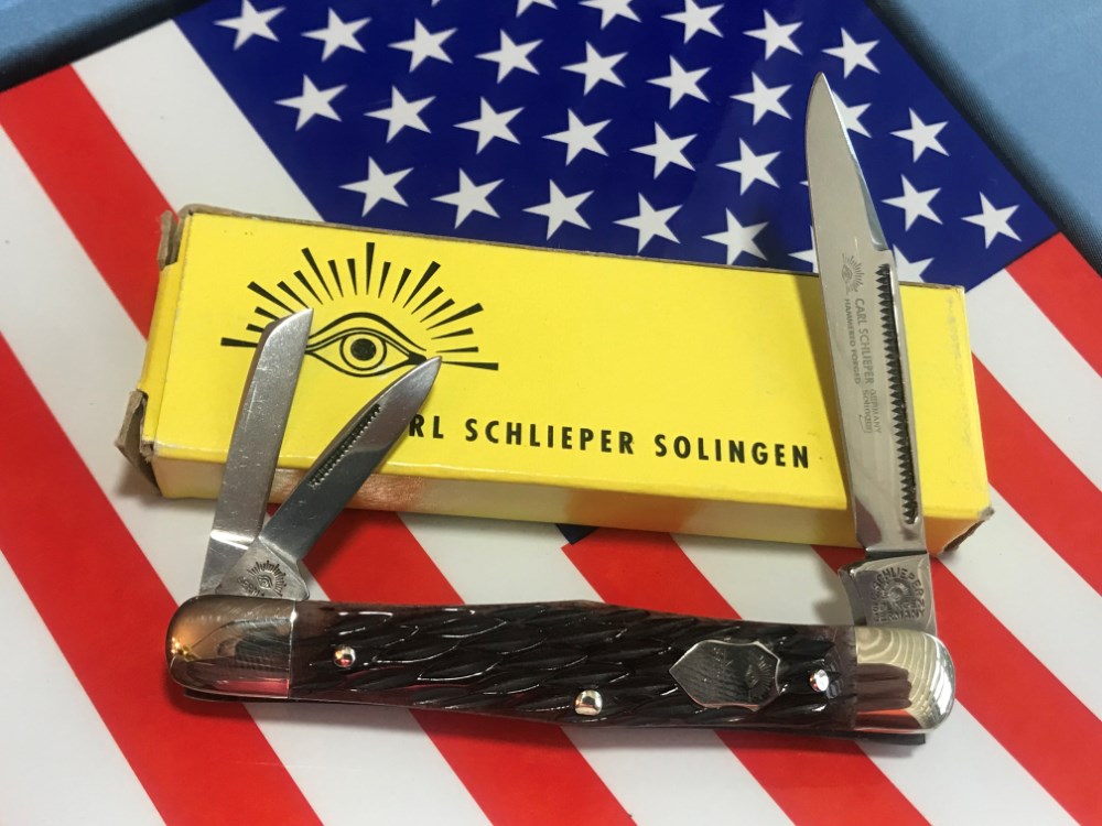Carl Schlieper / German Eye Brand 3 Blade Whittler Pocket Knife +Nice Bone Handles NOS +Orig Box