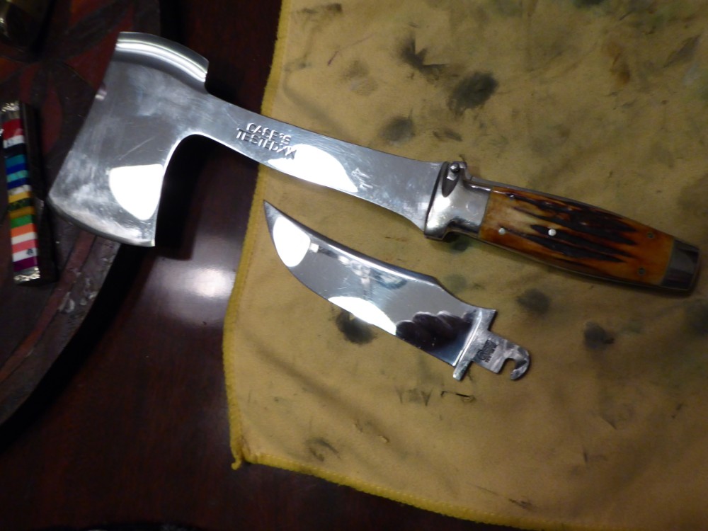 Case Tested Knife/Axe combo with stag handles and leather sheath