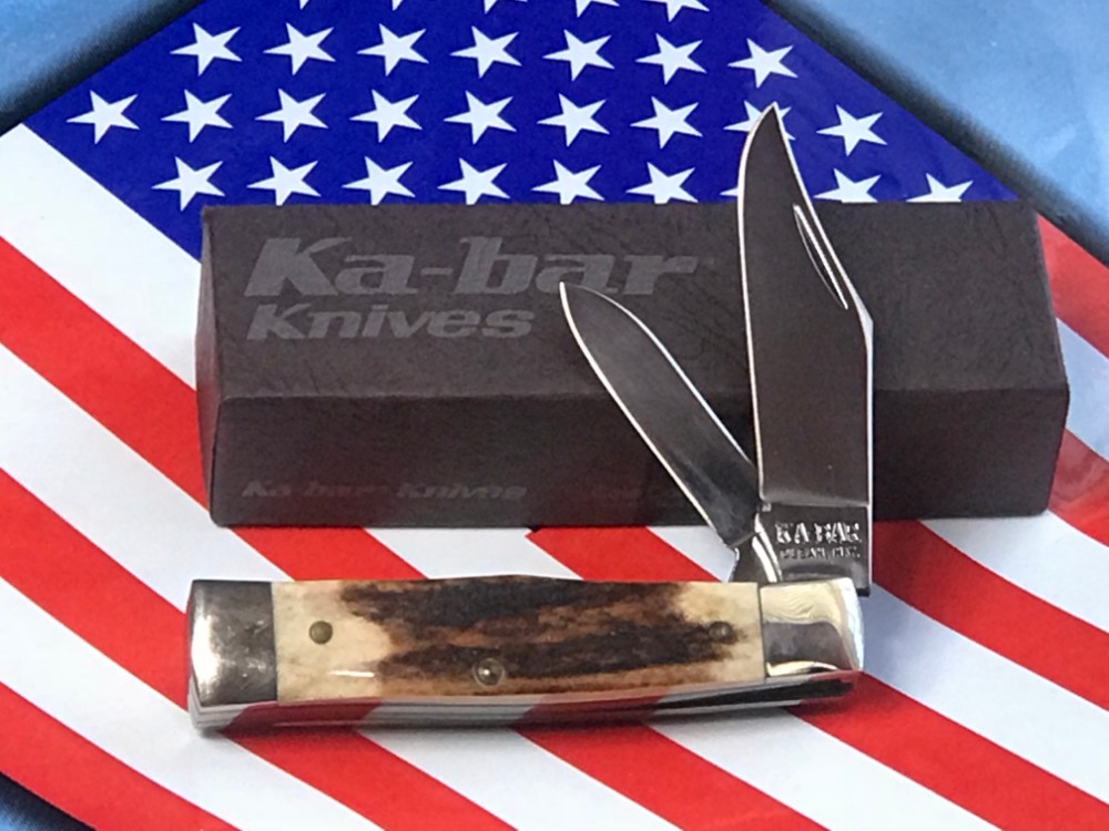 Vintage KaBar GunStock Pocket Knife with Nice Deer Stag Handles NOS