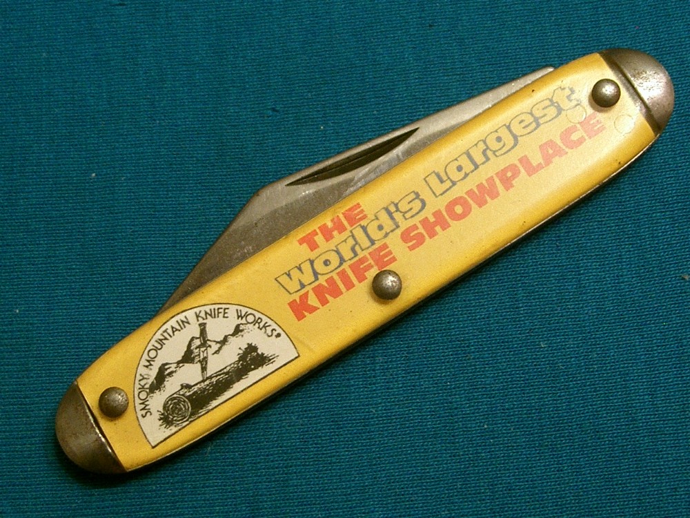 VINTAGE NOVELTY KNIFE CO USA SMOKY MOUNTAIN KNIFE WORKS AD EQUAL END