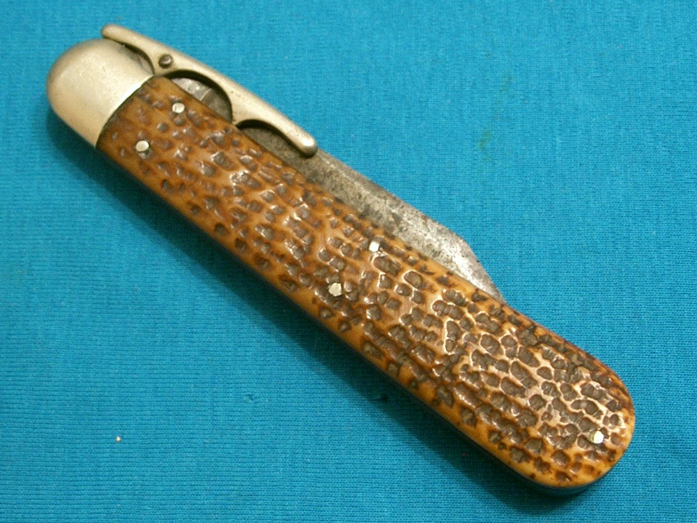 ANTIQUE VINTAGE PRESS BUTTON KNIFE CO WALDEN Y USA BONE HANDLE