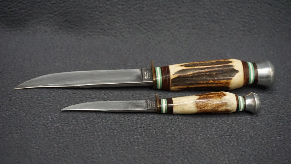 VNTG RARE MATADOR SOLINGEN GERMANY STAG HANDLE 2 KNIFE SET W/LEATHER