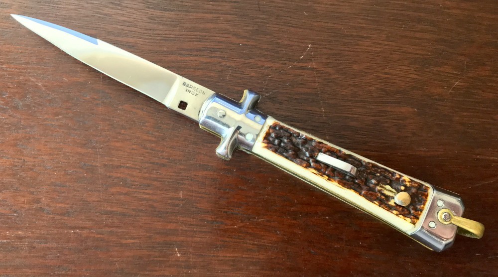 Bargeon French Small Switchblade, 7 1/2 Inch, Faux Stag Handle