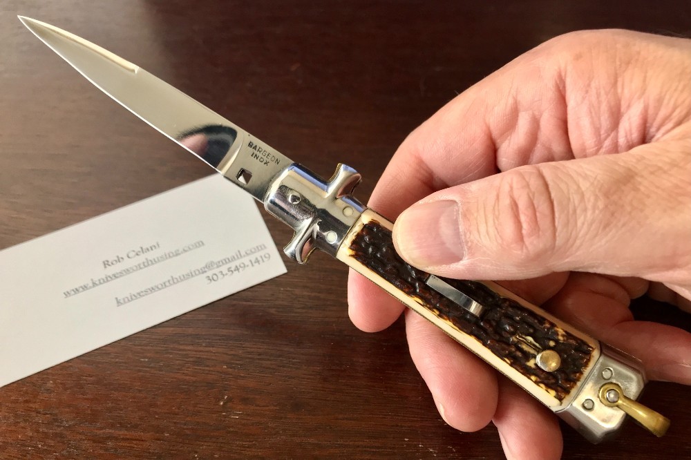 Bargeon French Small Switchblade, 7 1/2 Inch, Faux Stag Handle