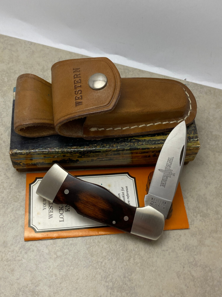Western USA S532 Patent Pending Wood Lockback Knife and Sheath in Box