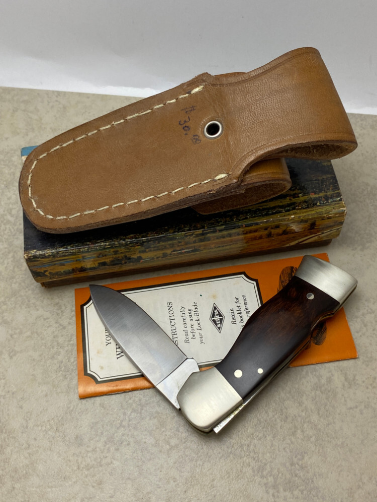 Western USA S532 Patent Pending Wood Lockback Knife and Sheath in Box