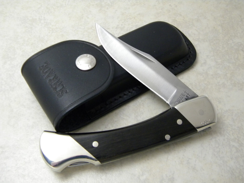 Schrade + USA LB7 Dark Wood Folding Hunter Bear Paw Knife w/Leather Pouch