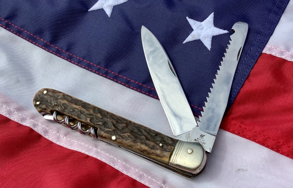 Large J A Henckels 2 Blade Multi Blade/Tool Knife w Great Stag Handles & Twin Men tang stamp Large J A Henckels 2 Blade Multi Blade/Tool Knife w Great Stag Handles & Twin Men tang stamp