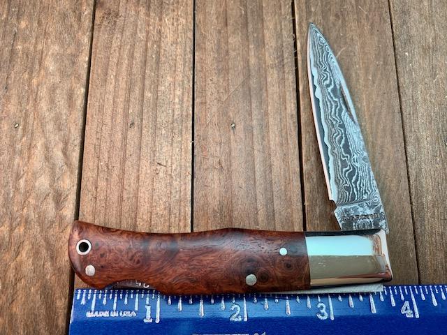 A.G. Russell Single Blade Lockback Quince Burl San Mai Damascus