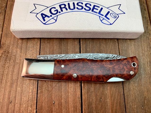 A.G. Russell Single Blade Lockback Quince Burl San Mai Damascus