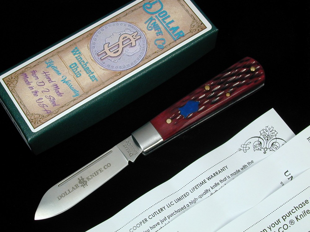 Dollar Knife Co. Red Jigged Bone with Blue Shield Jack Knife