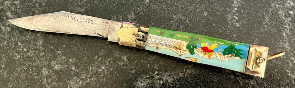 Rare Siesta Scene Bullfighter Lever Lock Switchblade Knife, Japan