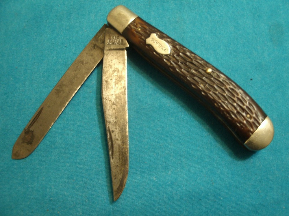 VINTAGE SCHRADE NY USA 293 JIGGED DELRIN GUNSTOCK TRAPPER FOLDING