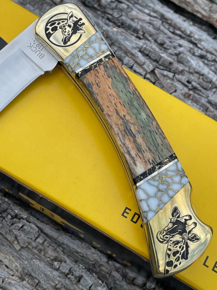 BUCK 110 ** BRIAN YELLOWHORSE CUSTOM GIRAFFE BONE/WHITE GOLD BUCK 110 ** BRIAN YELLOWHORSE CUSTOM GIRAFFE BONE/WHITE GOLD