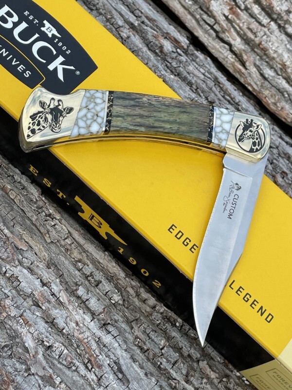 BUCK 110 ** BRIAN YELLOWHORSE CUSTOM GIRAFFE BONE/WHITE GOLD BUCK 110 ** BRIAN YELLOWHORSE CUSTOM GIRAFFE BONE/WHITE GOLD