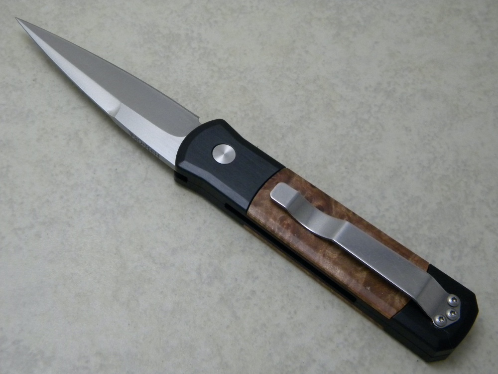 Pro-Tech 706 Godson Black Handle Maple Burl Inlay Satin Switchblade ...