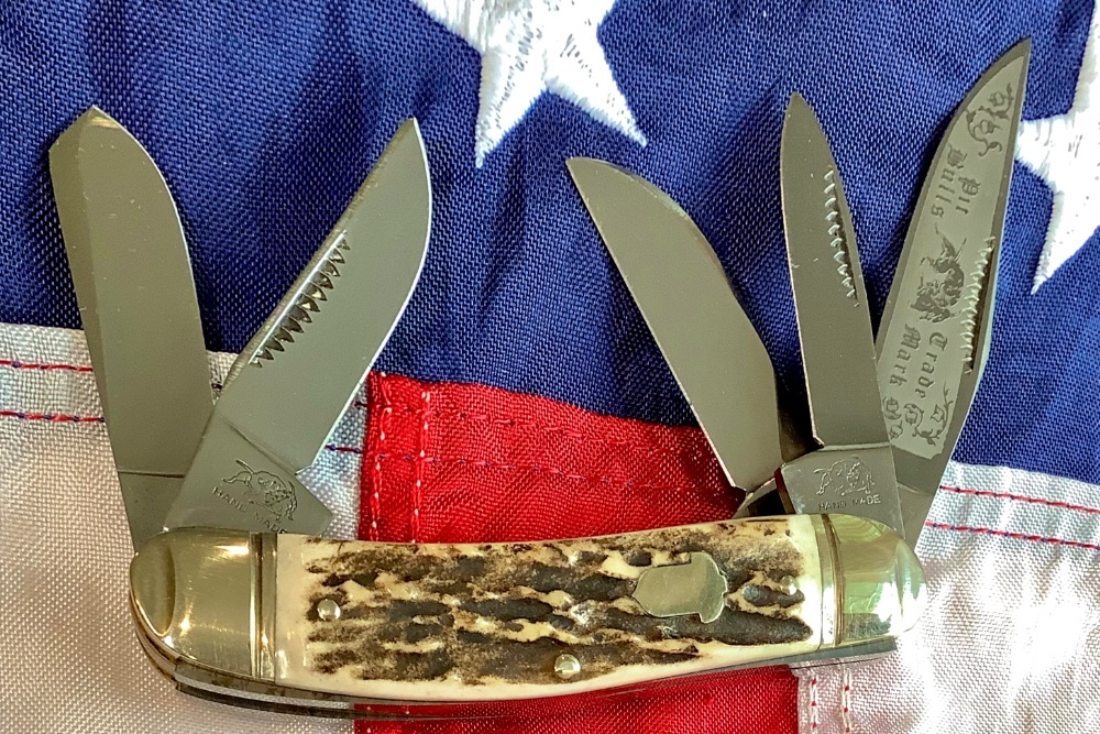 1993 Bulldog Brand 5 Blade Knife w/ Great Stag Handles -NOS & NM