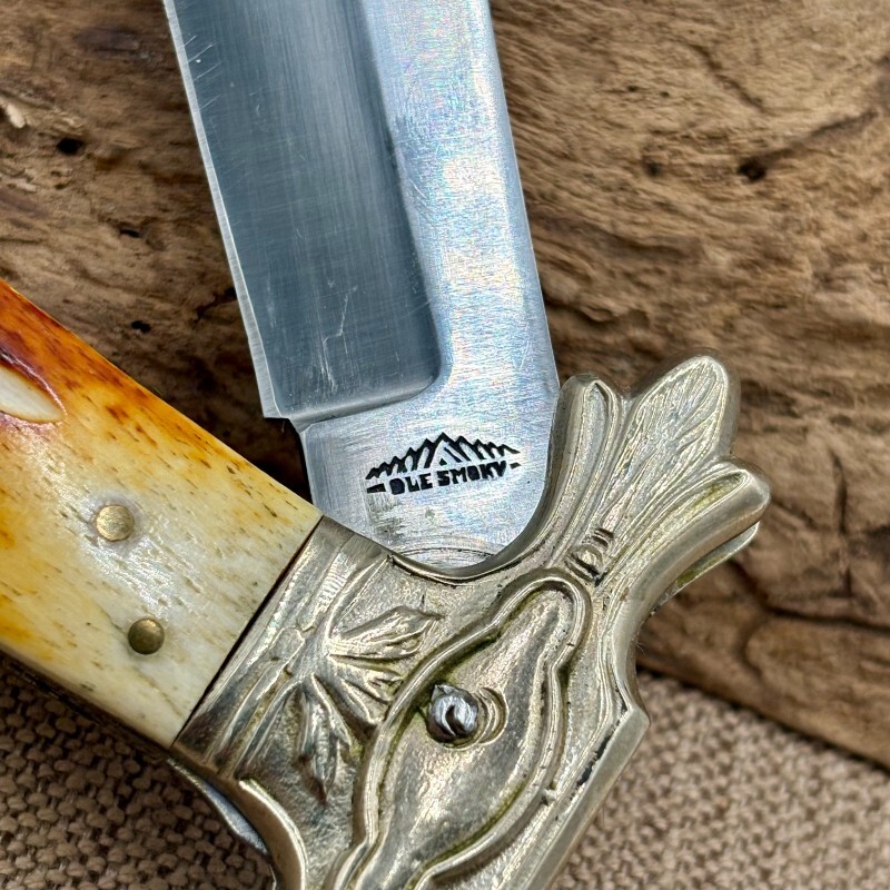 Ole Smokey Large Folding Bowie Pocket Knife Bone Handle Ole Smokey Large Folding Bowie Pocket Knife Bone Handle