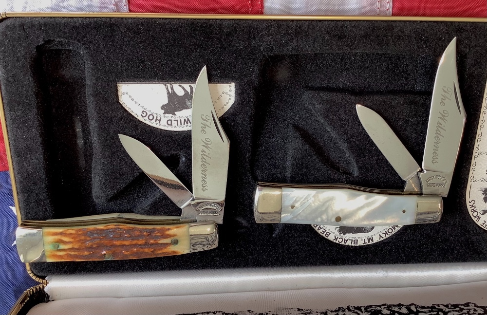 Vintage The Wilderness Smokey Mountain Knife Works GunStock Knife Set NOS