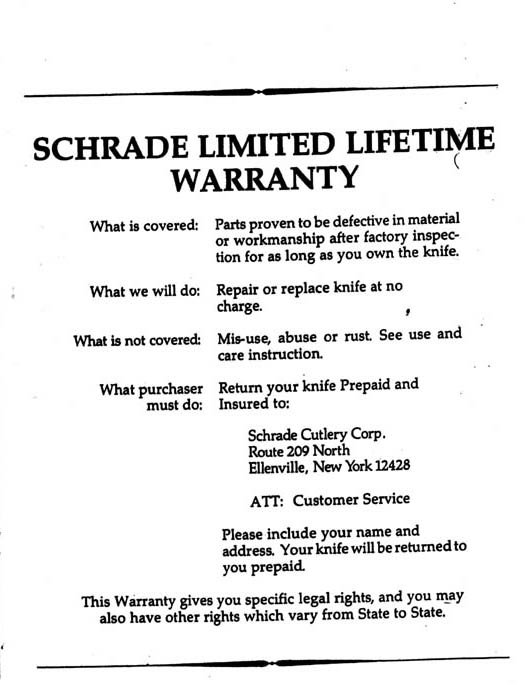 Schrade Limited Lifetime Warranty