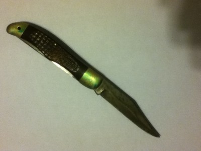 A Case knife. Two blades and has some minor corrosion on the blade, and some on the metal parts on the handle.
