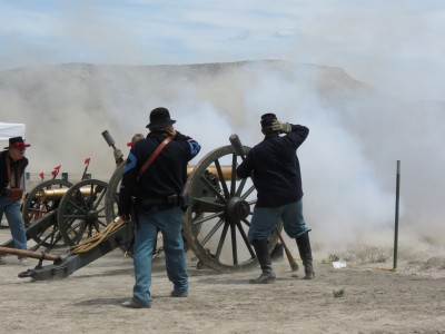 The civil war re-enactors with their brass howitzers.