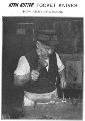 Hand hammering a Keen Kutter knife, circa. 1908.