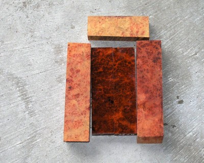 Both of my stabilized Amboyna slabs are 1.35 inches thick and cut 1.6 so I can resaw it for a full tang or use it for a hidden tang.