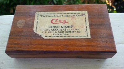 W.R. Case Arkansas stone in wooden box, top of box view