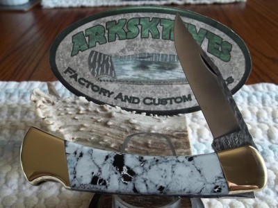 Buck 110 Partial Chipflint Blade with White Turquoise Handles and Fileworked Rocker - $175.00 shipped