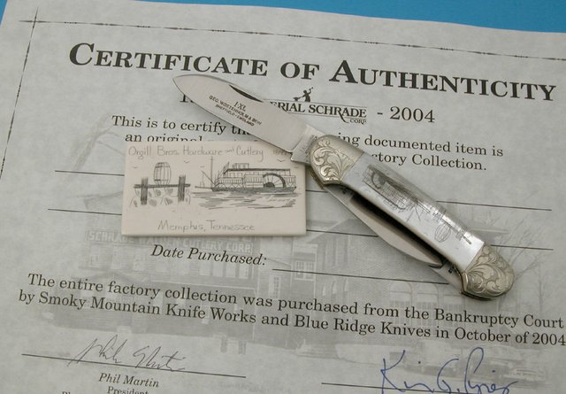 # 3 Pearl engraved and Scrimshawed IXL Wostenholm Canoe, with matching Ivory scrimmed plaque for Orgill Bros. This was taken directly off the Schrade factory collection board that was exhibited in the factory, with certificate of authenticity.