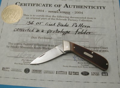 # 4 Schrade 156OT FOLDER, this is a fixed blade pattern, but a prototype made to fold, 1 of 1 from the Schrade Factory Collection with a certificate of authenticity.