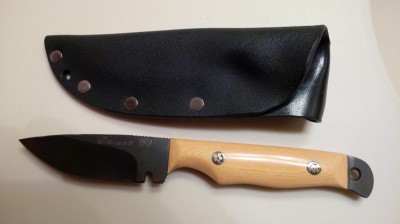 Dawson G3 fixed blade drop point skinner, mark side, with sheath