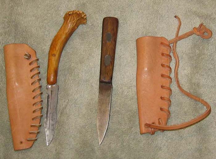 Patch knife made from an Old Hickory paring knife.  Whitetail antler handle.  $40<br /><br />Paring knife.  hardwood handle.  poured pins.  $25  Maker unknown.