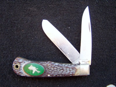 "American Wildlife" printing is barley visible on the main blade, but it IS there. Also hard to see in this photo are use/sharpening scratches on the massive, 3/4" wide spey. Not pristine, but a very usable knife.