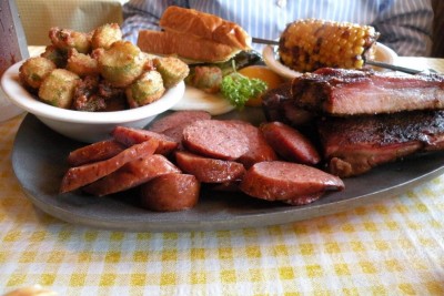 Clark's sausage &amp; ribs dinner, fried corn and fried okra sides