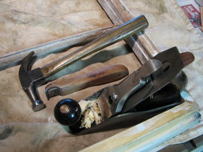 Classic tools: A small H. Cheney hammer, nice old scraper, No. 2 Stanley hand plane.