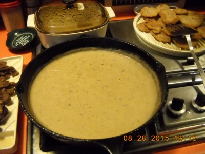 Gravy in the ol' back skillet, a little peanut oil, the left over flour, add water, a little more seasoning, you'll usually have enough left over to flavor the dogs food next mornin'
