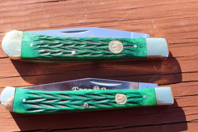 Boker one blade Trapper and Boker slimline Trapper in green