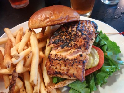 Salmon burger with fixins