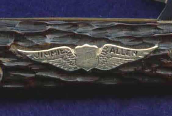 A Jimmie Allen flying wing shield on a Robeson marked two blade slim regular jack. This knife was a premium from a 1930's radio program.