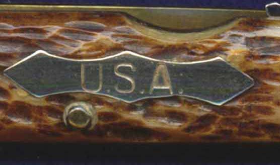 This U.S.A. shield is on a hard to find three blade military issue scout-utility made during WWII. It will also be found on some, but not all, of the more common four blade knives.