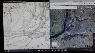 Side by side views. Left side is a 1910 map and the other side is today's Google Sat View.