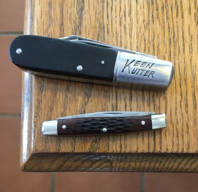 Keen Kutter Barlow #K2881 3/4, carbon &amp; wood, <br />'74 Case Small Premium pen #6233, CV &amp; bone