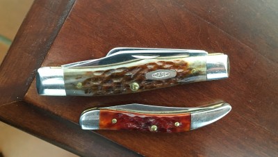 '86 Case #63032 Medium Stockman &amp; '15 Case #610096CV Small Texas Toothpick, both CV &amp; bone