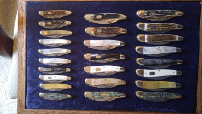 Warncliffe Whittlers. 4 1/8" Thor. 3 7/8" Viking. 3" Seductress. All with various natural handle materials