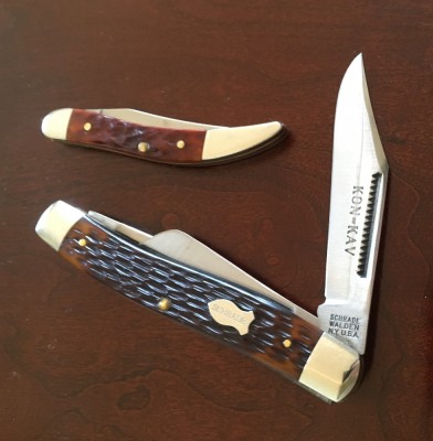 Schrade-Walden #880 Kon-Kav Premium Stockman, Texas Pattern, carbon &amp; Delrin, '15 Case #61096CV Small Texas Toothpick, CV &amp; bone